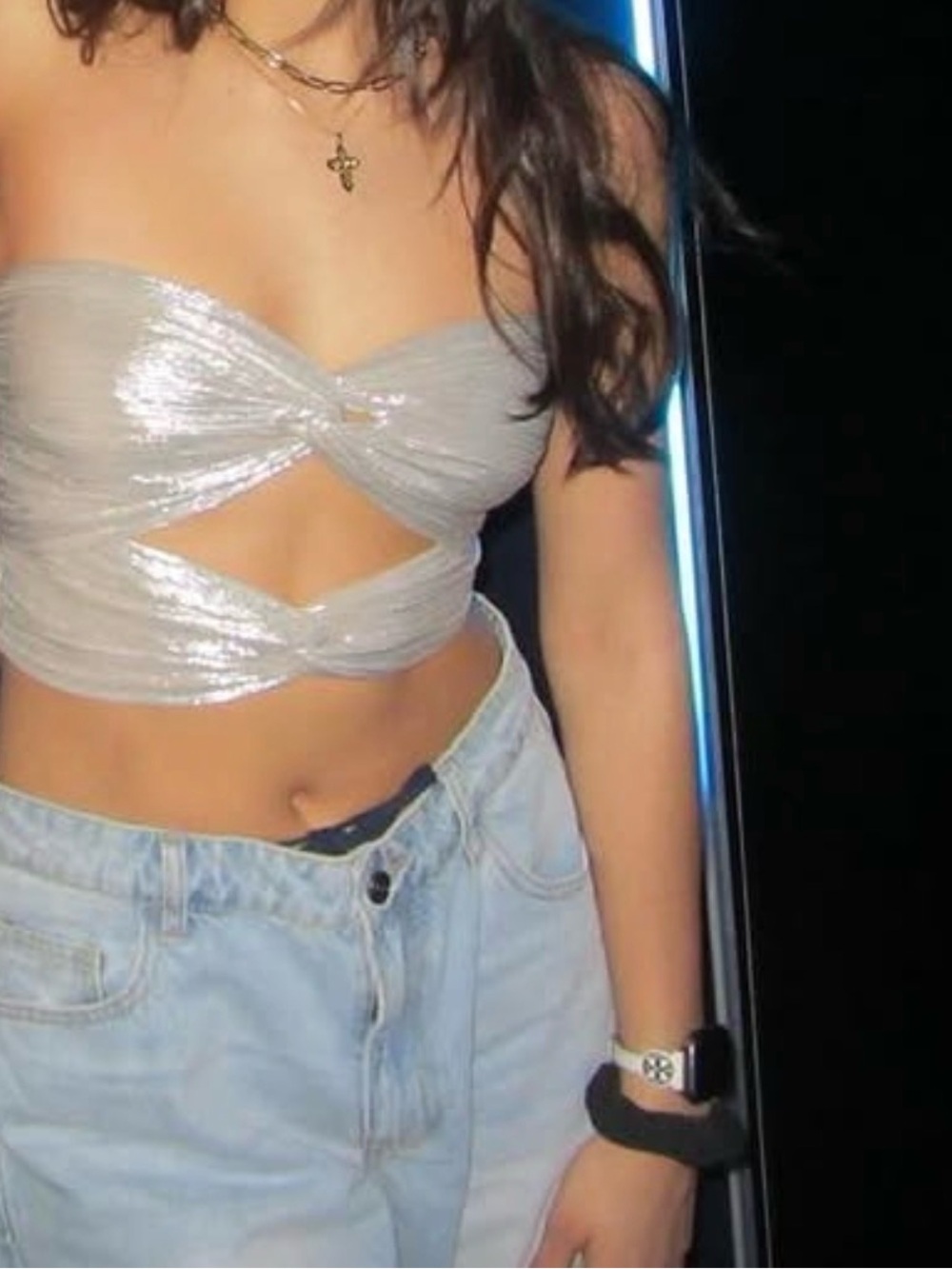 Cotton Candy Silver Cutout Twist Strapless Crop Top